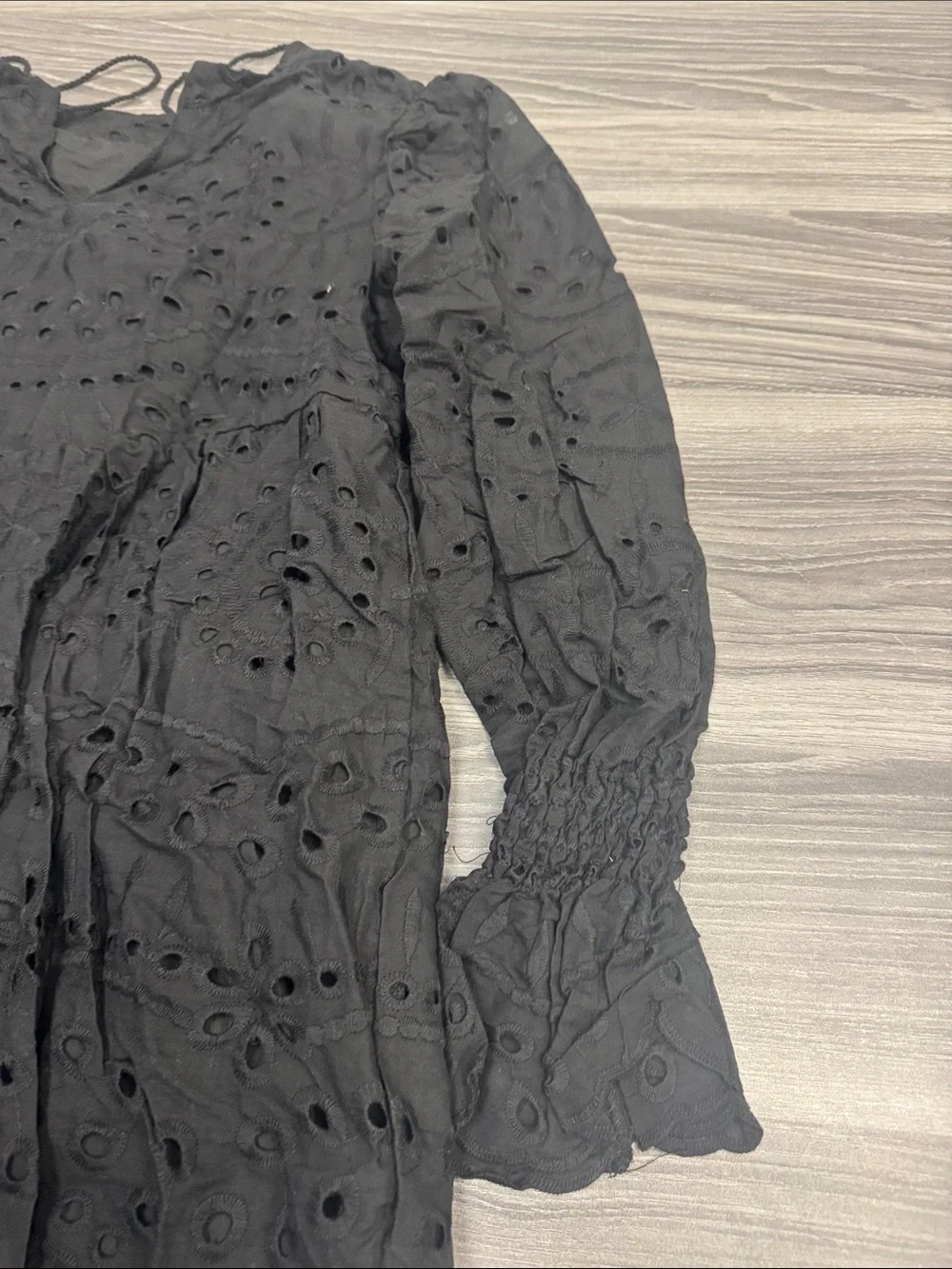 Black Eyelet Midi Dress with Long Sleeves - Women’s Midi Dress
